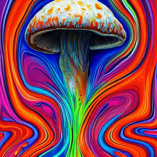 Image similar to fluid dynamics flow art a painting of an mushroom with a colorful swirl, acrylic marbling art by sam spratt, deviantart, psychedelic art, psychedelic, cosmic horror, chromatic