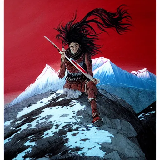 Prompt: painting of a lonesome warrior at the peak of himalayas, style of conrad roset and kentaro miura