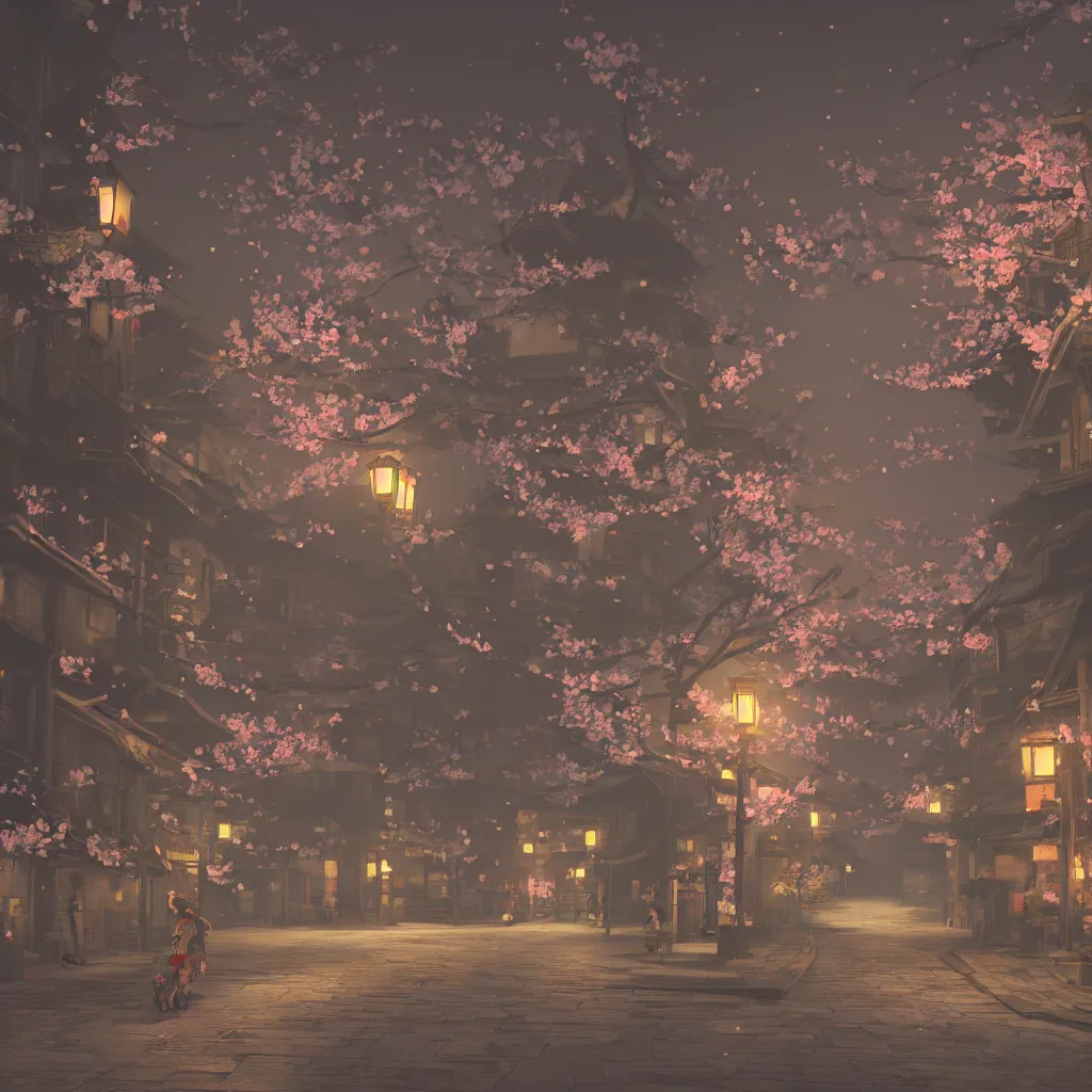 Image similar to Japanese street at night, cherry blossom petals, highly detailed, 3D render, digital art, artstation, 8K photography, matte photo-realistic, vivid colors, moody cool temperature, by Hayao Ghibli Miyazaki, breath of the wild style