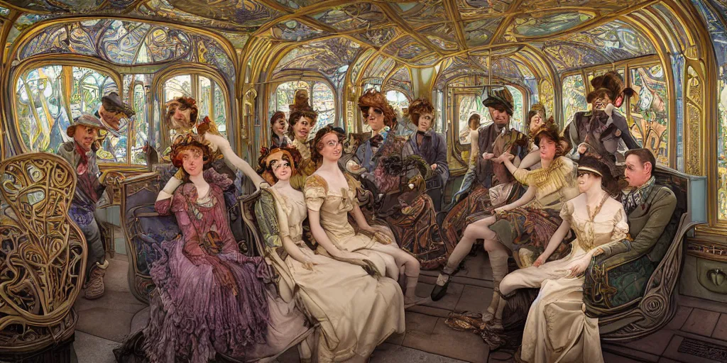 Image similar to incredibly beautiful breathtakingly detailed colour art nouveau photograph group portrait of an amazingly cool odd characterful couple sat down, in the inside of the beautiful underwater train to atlantis, every face amazingly clear detailed with lifelike expressions, full of crowd of people sat down wearing unusual clothes, by william powell frith and mucha, ultra wide angle, 4 k