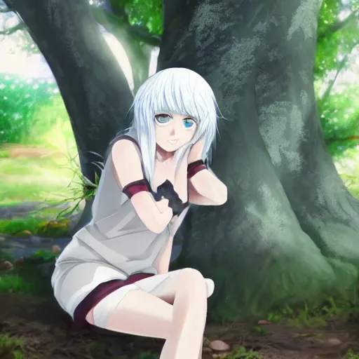 Image similar to beautiful anime girl with white hair sitting next to a tree which was formerly a human, artstation, high quality, highly detailed, drawn wpl