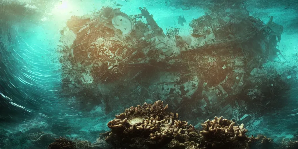 Prompt: underwater shipwreck!!! surrounded by coral and dolphins and sea turtles, caustics, shallow depth of field, moody lighting, 8 k, concept art,