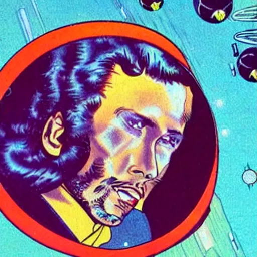 Prompt: 80s comic book sci-fi space ship in the shape of bee gees barry gibb's head, flying through outer space,