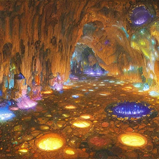 Prompt: a cave with huge multicoloured glowing crystals in the walls and piles of bones on the floor, art by donato giancola and greg rutkowski