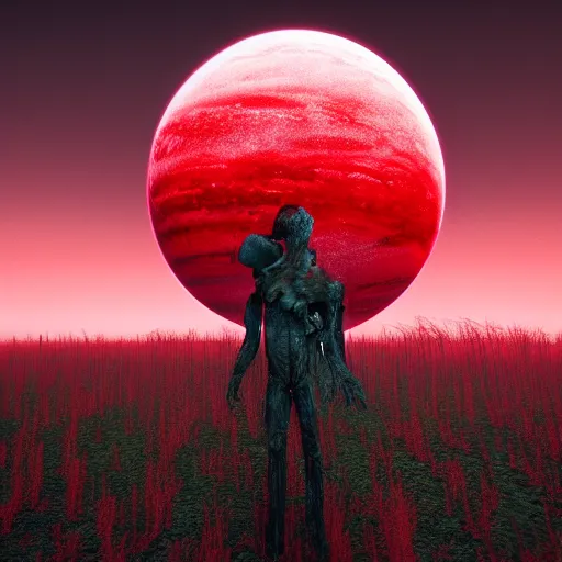 Image similar to new planet, red, red sky, depth, creepy, monsters, eyes, graveyard, death, dead, red eyes, 8k, hyperrealistic, depth, vray, high resoulution, deathly