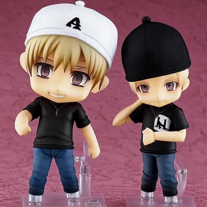 Prompt: a anime nendoroid of Eminem with black cap and black clothes and beard, figurine, product photo, detailed