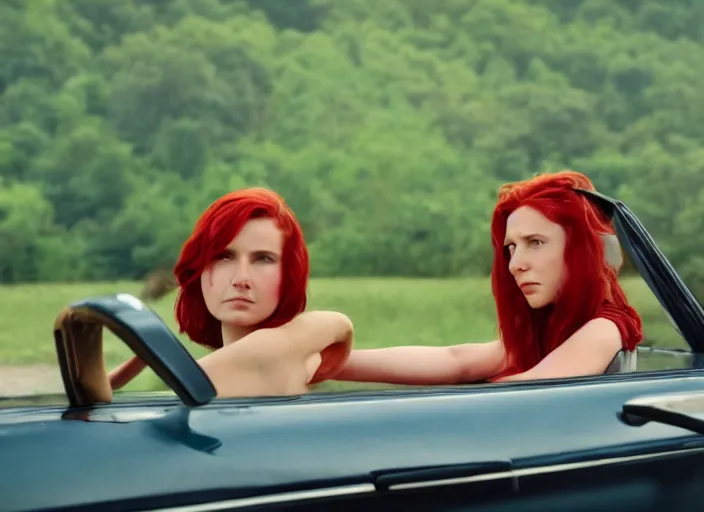 Image similar to A very high resolution image from a new movie, landscape from a car window , teen red hair woman, raining, hot, directed by wes anderson