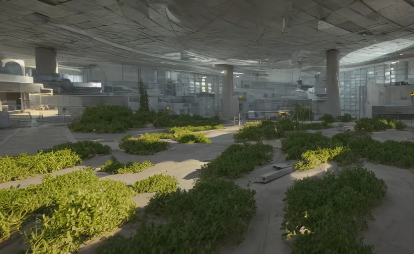 Prompt: in-game screenshot of hazmat scientists on unreal engine 5, in a liminal underground garden, photorealistic, retrofuturism, brutalism, staggered terraces, minimalist, soft vintage glow