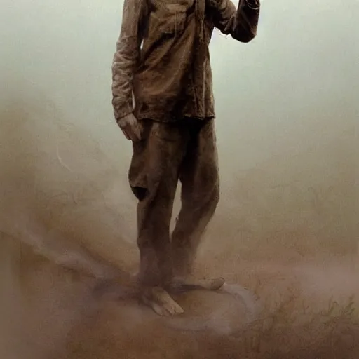 Image similar to a highly detailed epic cinematic concept art CG render digital painting artwork costume design: Henry Fonda as a 1950s tired disillusioned poet, barefoot, smoking one cigarette. volumetric lighting. By Greg Rutkowski, in the style of Francis Bacon and Syd Mead and Norman Rockwell and Beksinski, great attention to proper perfect anatomy, highly detailed, painted by Francis Bacon and Edward Hopper, painted by James Gilleard, surrealism, airbrush, Ilya Kuvshinov, WLOP, Stanley Artgerm, very coherent, triadic color scheme, realistic facial expression, art by Takato Yamamoto and James Jean