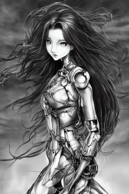 Prompt: a vertical portrait of a character in a scenic environment by Yoshitaka Amano, black and white, dreamy, cybernetic suit, wavy long black hair, highly detailed