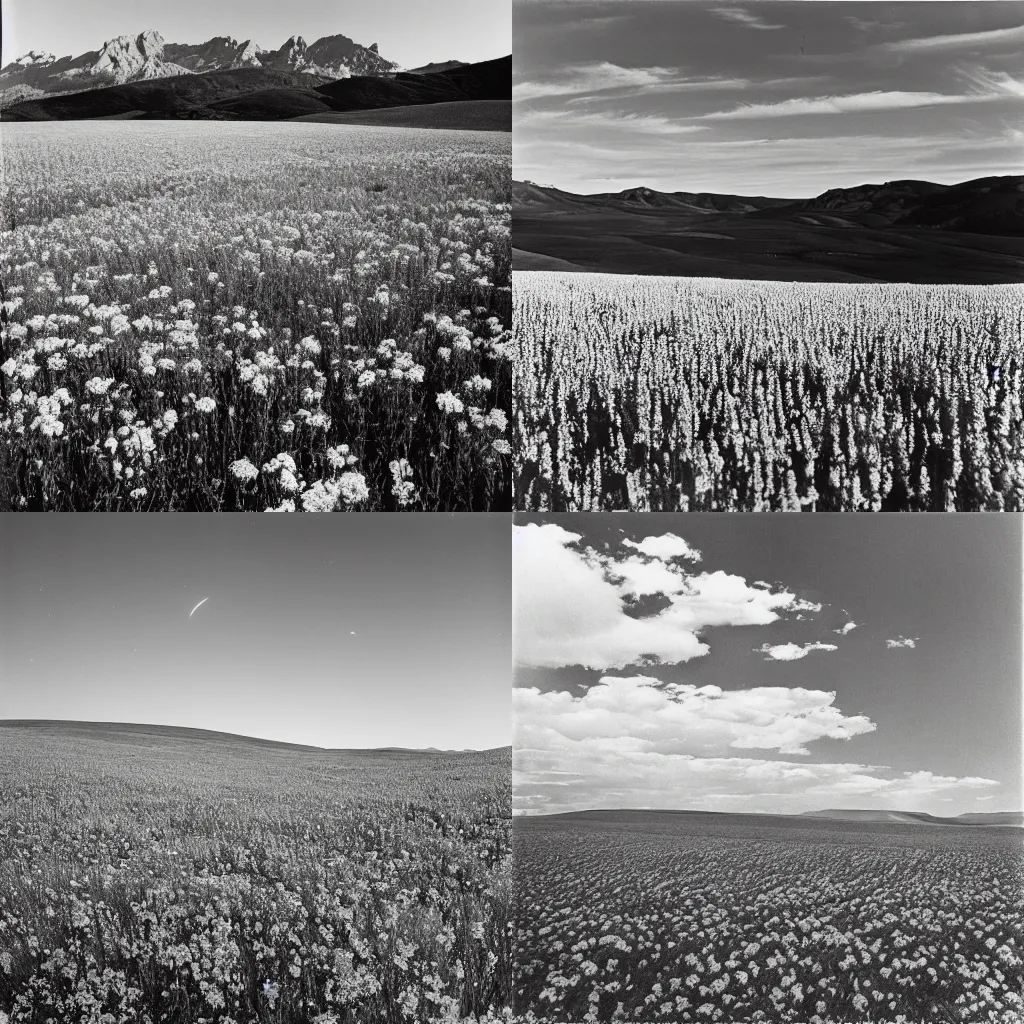 Prompt: landscape photo of tansy field by Ansel Adams, wide-angle lens