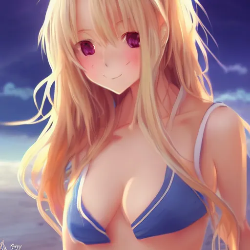 Image similar to a very beautiful anime cute girl, full body, long wavy blond hair, sky blue eyes, full round face, short smile, bikini, miniskirt, front view, medium shot, mid-shot, highly detailed, cinematic wallpaper by Stanley Artgerm Lau