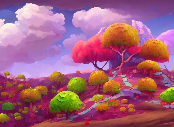 Image similar to enviroment design for a biome for candy kids game, top angle, trees candy themed, oil painting by jama jurabaev, extremely detailed, brush hard, artstation, for aaa game, high quality, brush stroke
