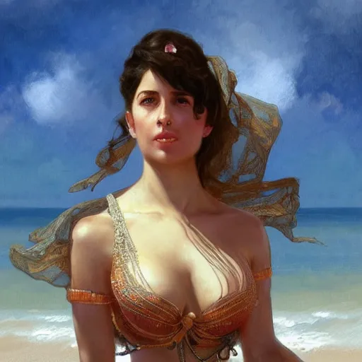 Image similar to character portrait of Mata Hari on a beach, relaxing mood, intricate, wild, highly detailed, digital painting, artstation, upper body, concept art, smooth, sharp focus, illustration, art by artgerm and greg rutkowski and alphonse mucha