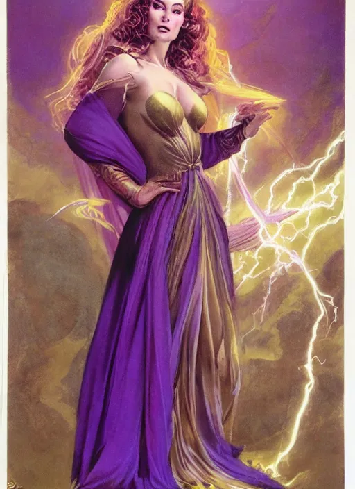 Image similar to portrait of plump female sorceress, golden tiara, purple robe and veil, lightning halo, strong line, muted color, beautiful! coherent! by frank frazetta, by boris vallejo