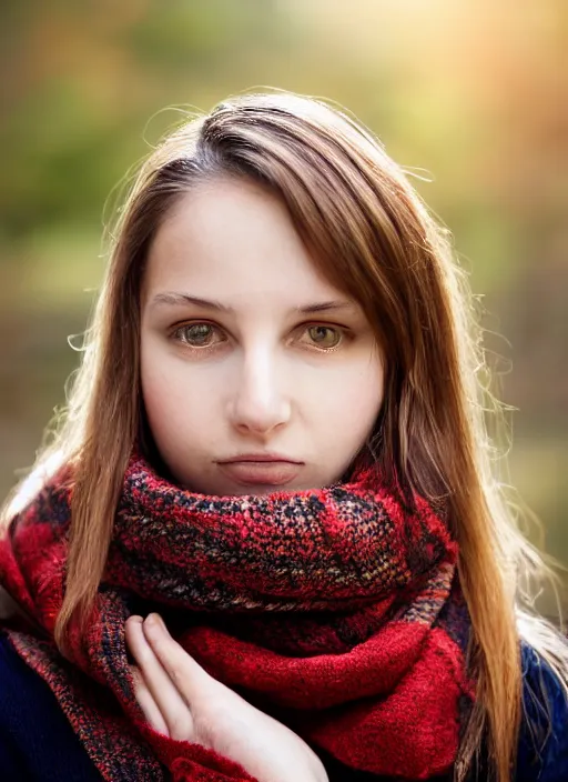 Prompt: portrait of a 2 3 year old woman, symmetrical face, scarf, fall, she has the beautiful calm face of her mother, slightly smiling, ambient light