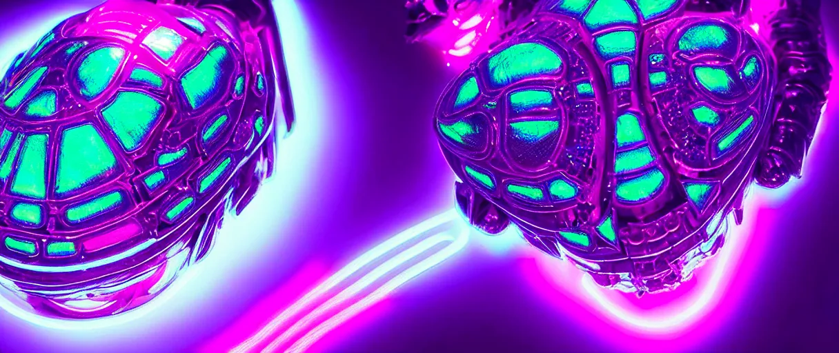 Prompt: high quality photo glowy iridescent cyborg scarab! jeweled very pretty! highly detailed digital art david ligare hannah yata cinematic purple neon lighting high quality low angle hd 8k sharp shallow depth of field