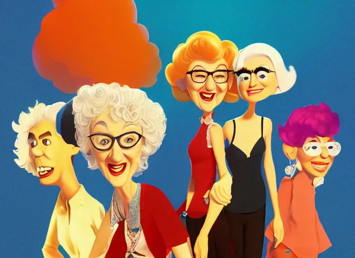 Prompt: pixar cartoon character of bea arthur being happy with her friends from the golden girls. style by petros afshar, christopher balaskas, goro fujita, and rolf armstrong.