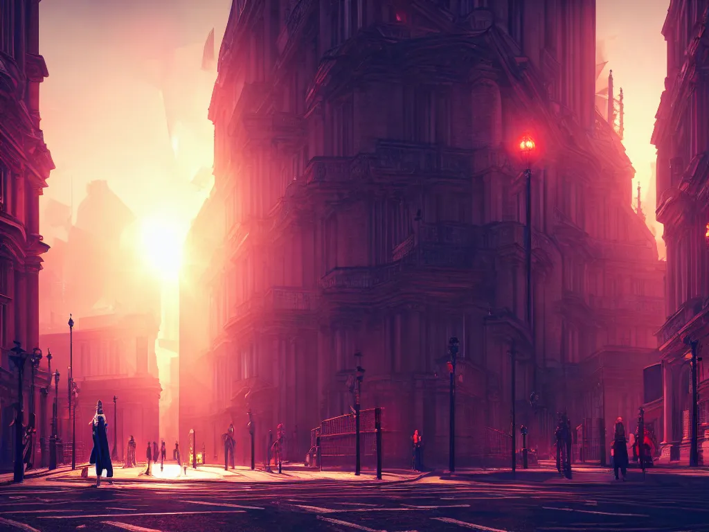 Image similar to an ancient beautiful cyborg of the elder gods in the city of London, London streets in background, colourful, dramatic lighting, golden hour, very detailed octane render very realistic beautiful