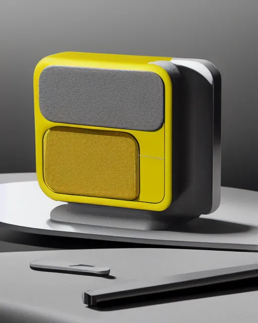 Prompt: a photo of a stylish yellow consumer device designed by dieter rams and jony ive, industrial design, bauhaus style, purpose unknown