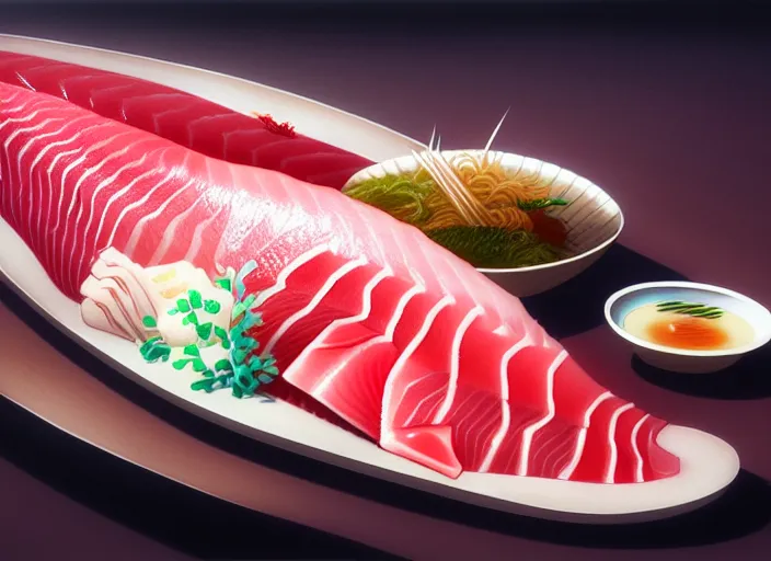 Image similar to a film still portrait of japanese food sashimi, finely detailed features, closeup at the food, perfect art, at a dinner table, gapmoe yandere grimdark, trending on pixiv fanbox, painted by greg rutkowski makoto shinkai takashi takeuchi studio ghibli, akihiko yoshida