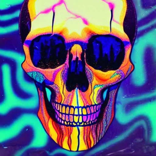 Prompt: human skull, trippy, glitch, paint dripping, miyazaki