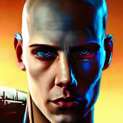 Image similar to cyberpunk, armitage, closeup portrait of a crazy ex soldier with a battlescar, light blue eyes, brown buzzcut, dramatic light, city background, sunset, dystopian setting, high contrast, sharp, neuromancer, painted by stanley lau, painted by greg rutkowski, painted by stanley artgerm, digital art, trending on artstation