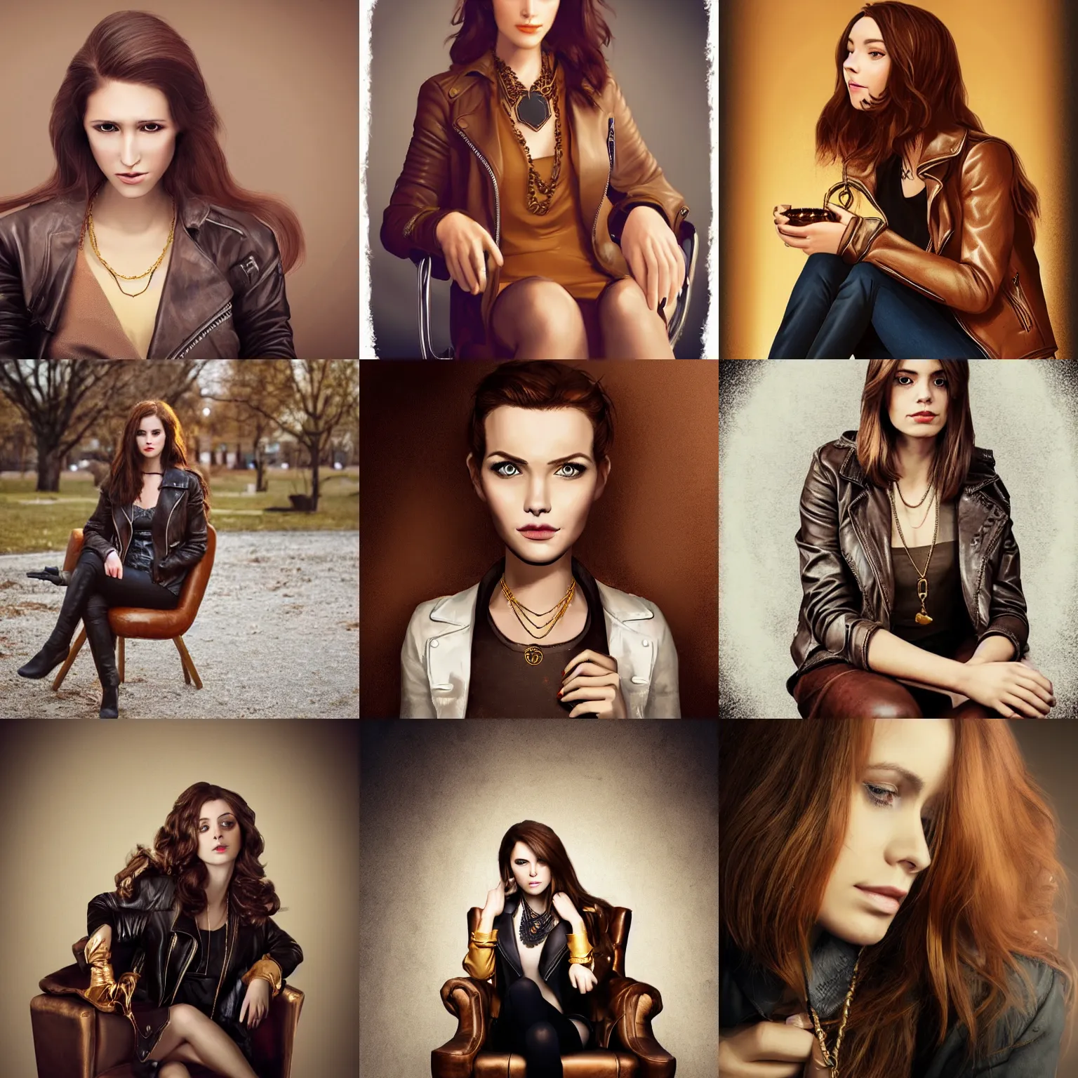 Prompt: woman with brown hair sitting in a chair wearing a leather jacket and a golden necklace, in the style of charlie bowater