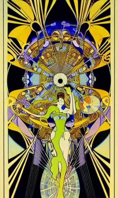 Prompt: psychedelic interdimensional futuristic musical instruments, aubrey beardsley, alphonse mucha, Charles Gesmar, winold reiss, erte, paul laffoley, leonardo da vinci, philippe druillet, roger dean