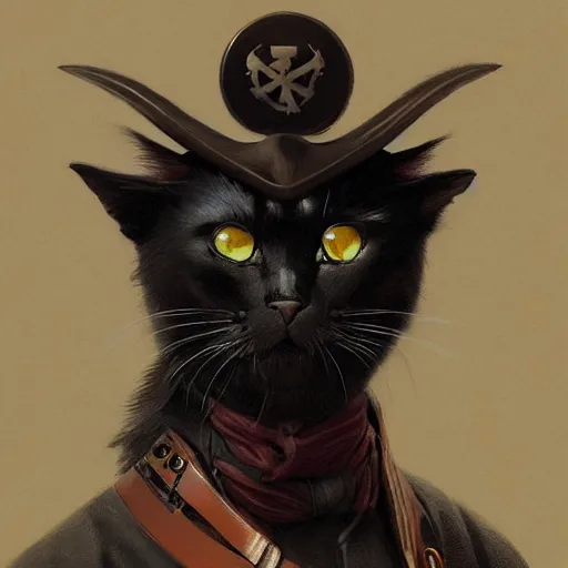 Image similar to portrait, male humanoid cat, monocle over one eye, black fur, pirate, doctor, pirate clothes, d & d, fantasy, intricate, elegant, highly detailed, digital painting, artstation, concept art, matte, sharp focus, illustration, art by artgerm and greg rutkowski and alphonse mucha