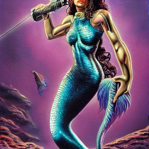 Prompt: mermaid cyborg with a laser whip, realistic, detailed, photorealistic, in the style of boris vallejo