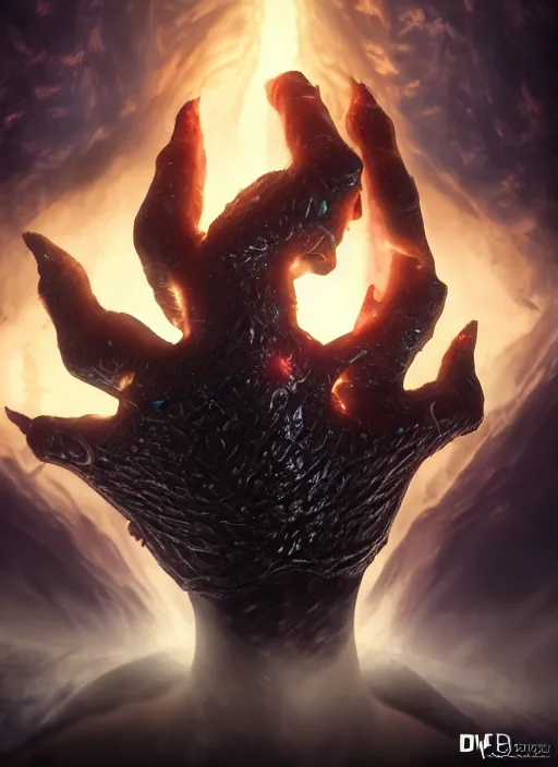 Image similar to void god hand from berserk, ultra detailed fantasy, elden ring, realistic, dnd character portrait, full body, dnd, rpg, lotr game design fanart by concept art, behance hd, artstation, deviantart, global illumination radiating a glowing aura global illumination ray tracing hdr render in unreal engine 5