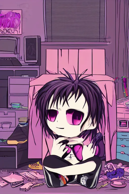 Image similar to goth chibi anime goth guy sitting on the floor of a cluttered 9 0 s bedroom, vaporwave colors, lo - fi, concept art, smooth, detailed, toon shading, cel shading, animation, 4 k, hd,