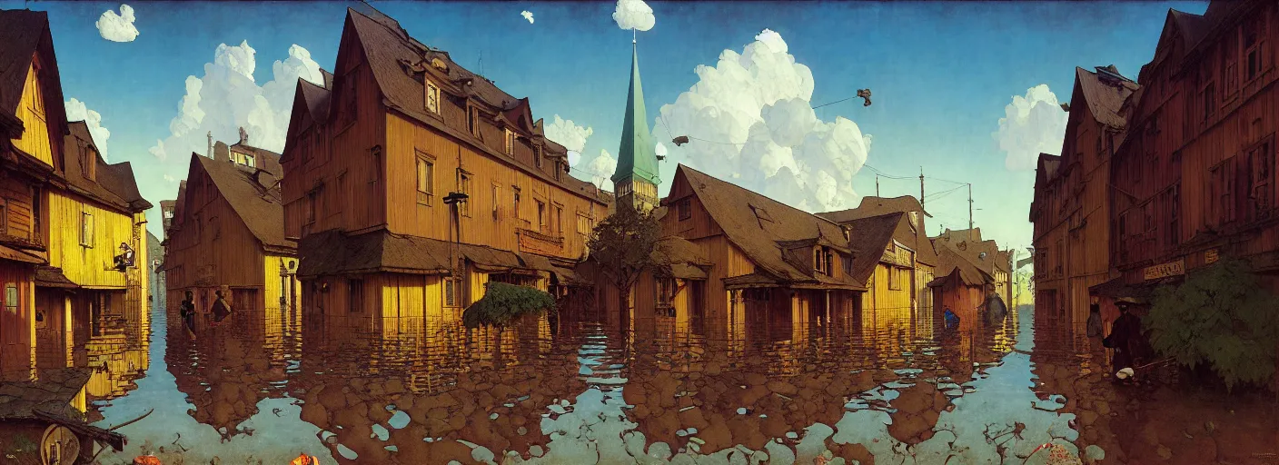 Image similar to flooded old wooden city street, very coherent and colorful high contrast masterpiece by norman rockwell rene magritte simon stalenhag carl spitzweg jim burns, full - length view, dark shadows, sunny day, hard lighting, reference sheet white background