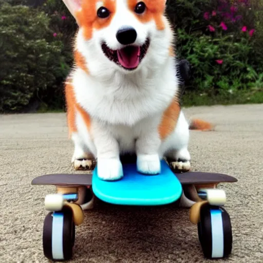 Image similar to corgi on a skateboard, cute, happy, realistic