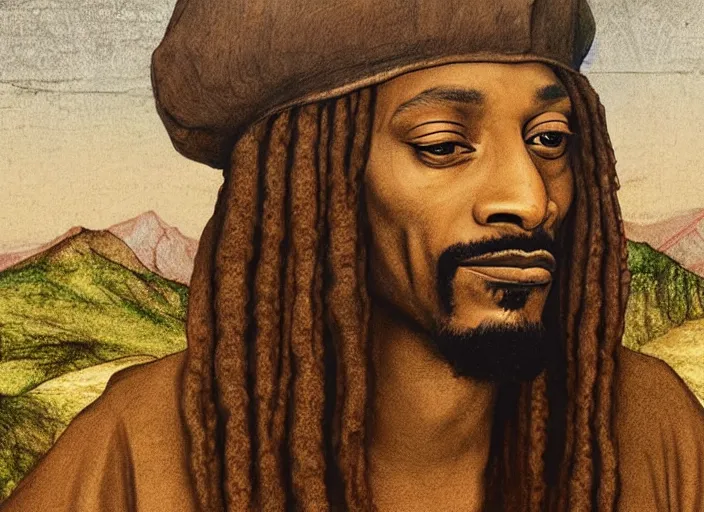 Image similar to a very high resolution image from a new movie, snoop dogg. drawn by leonardo da vinci. mountains, directed by wes anderson