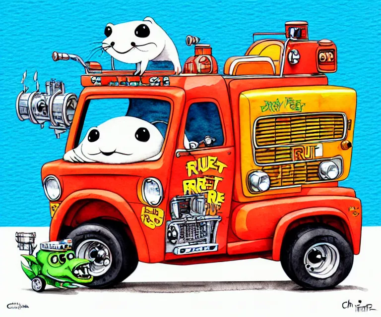 Image similar to cute and funny, beaver driving a tiny hot rod fire truck with an oversized engine, ratfink style by ed roth, centered award winning watercolor pen illustration, isometric illustration by chihiro iwasaki, edited by craola, tiny details by artgerm and watercolor girl, symmetrically isometrically centered