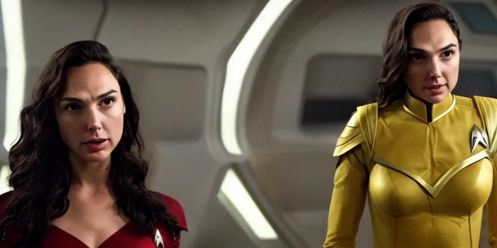 Image similar to Gal Gadot, in Starfleet uniform, in the role of Captain Kirk in a scene from the Trouble with Tribbles episode of Star Trek