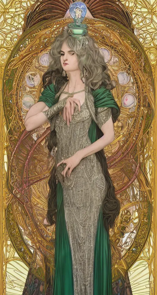Prompt: a full body tarot card of the ancient empress of dreams, detailed symmetrical face, long and beautiful floor length starlight dress with braided silver hem, jade tiara and necklace, space, universe, portrait, highly detailed, deep focus, elegant, digital painting, smooth, sharp focus, illustration, ultra realistic, 8 k, art by artgerm and alphonse mucha