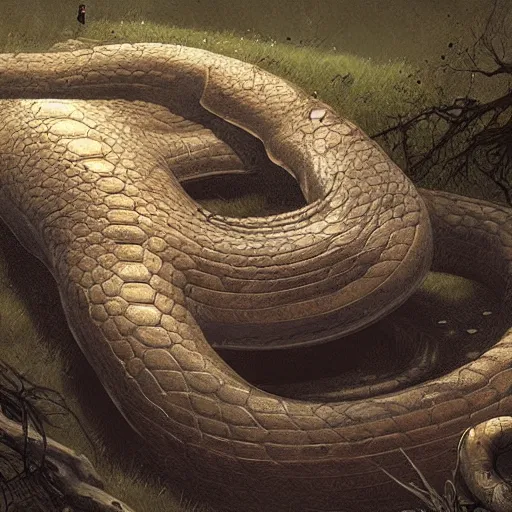 Image similar to a big anaconda in a dark grave sqeezing around a dead body, horror ,digital art,realistic,detailed,art by greg rutkowski
