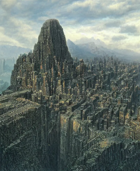 Prompt: a matte painting of a great city carved into the side of a mountain by ted nasmith