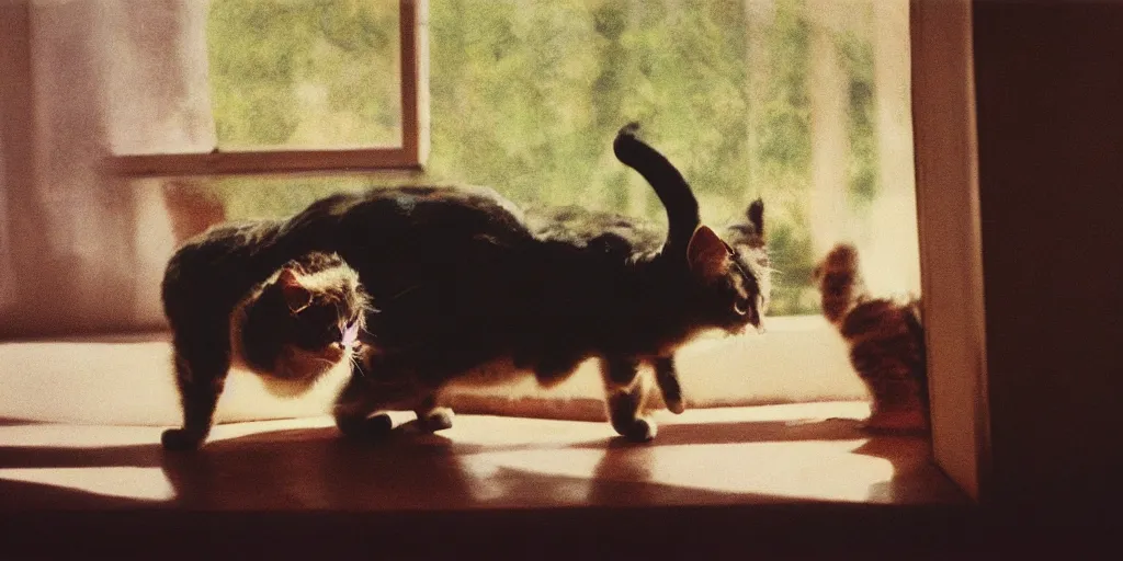 Image similar to beautiful hyperrealism three point perspective film still of a despressed cat, soft lighting, Kodak Portra 400, cinematic style