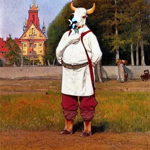 Image similar to painting carl larsson, cow, dressed, anthropomorphic!!, wearing!!! clothes!!!, standing next to royal castle!!!