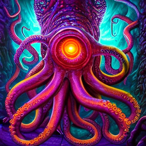 Prompt: Lovecraft Mythos Eldritch Octopus, 4D game fanart CGSociety by Dan Mumford, by Josephine Wall, Dan Witz and Lois van baarle, ilya kuvshinov, rossdraws global illumination, cosmic infused background