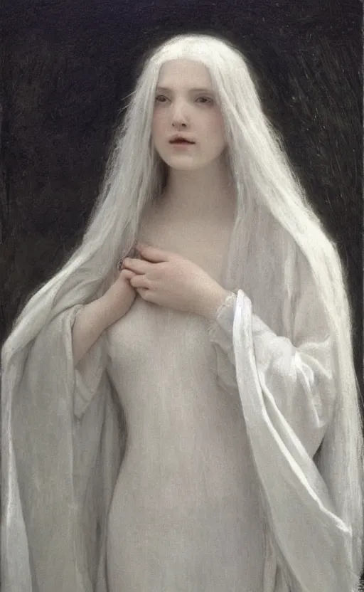 Image similar to say who is this with silver hair so pale and wan! and thin!? female angel, wearing white robes flowing hair, pale fair skin, you g face, silver hair, covered!!, clothed!! lucien levy - dhurmer, fernand keller, oil on canvas, 1 8 9 6, 4 k resolution, aesthetic!, mystery