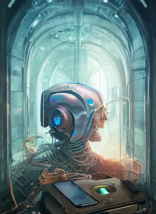 Image similar to the waiting room cybertronic giant open space, hyper realistic, detailed, sharp lines, peter mohrbacher, moebius, salvia droid, alex grey