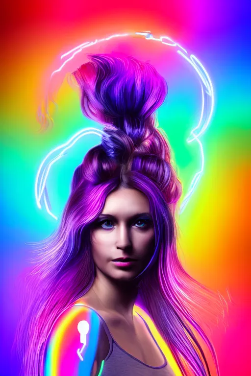 Image similar to a award winning half body portrait of a beautiful woman with stunning eyes in a croptop and cargo pants with rainbow colored ombre hairstyle head in motion and hair flying by thomas danthony, surrounded by whirling illuminated neon lines, outrun, vaporware, shaded flat illustration, digital art, trending on artstation, highly detailed, fine detail, intricate