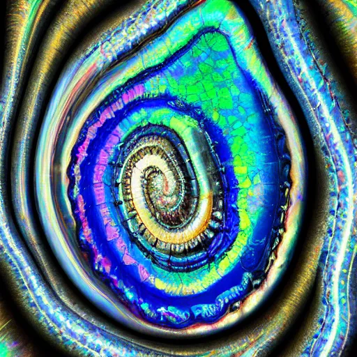 Image similar to Art Nouveau cresting oil slick waves, hyperdetailed bubbles in a shiny iridescent oil slick wave, ammolite, detailed giant opalized ammonite shell, black opal, abalone, paua shell, ornate copper patina medieval ornament, rococo, oganic rippling spirals, octane render, 8k 3D, cresting waves and seafoam