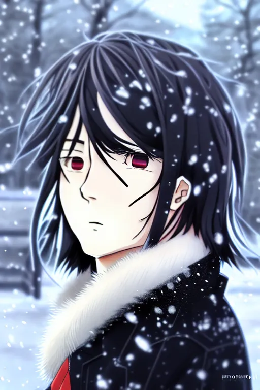 Image similar to anime portrait of a handsome man, dark long hair, side - swept bangs, wearing white fur coat in snow, ilya kuvshinov, anime, pixiv top monthly, trending on artstation, cinematic, danbooru, zerochan art, kyoto animation