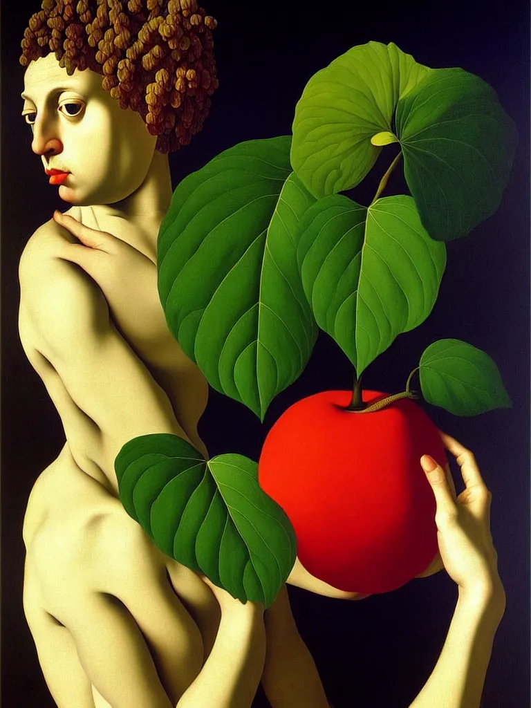 Image similar to hyperrealistic still life portrait a mind imagining itself in the form of beautiful plants, jungian archetypes, by caravaggio, surrealism, vivid colors, serene,, by rene magritte